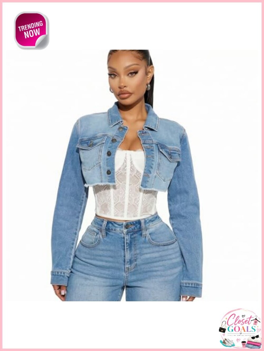 Cropped Denim Jacket Button Down Long Sleeve Frayed Hem Chest Pockets